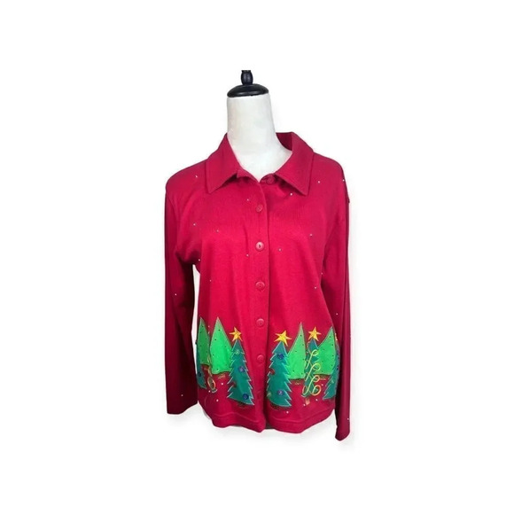 Béchamel red Christmas button down cardigan with appliqué trees size small - Picture 2 of 8